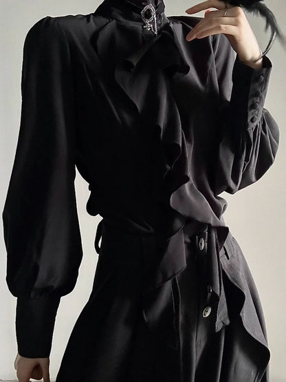 Harajuku Vintage Women Bottoming Shirt Stand Collar Ruffles Slim Fit Blouses Black White 2026 New Long Sleeve Blusas De Mujer