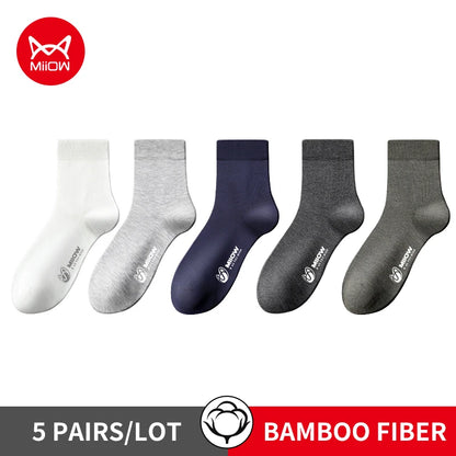 MiiOW 5 Pairs/Lot Men's Bamboo Fiber Socks Antibacterial Breathable Casual Business Men's Mid Tube Socks Mid-calf Sock Male Gift