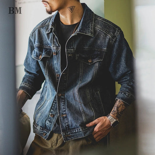 Men's American Vintage Washed Distressed Blue Denim Jacket plus Size Heavyweight Classic Workwear Spring Amekaji Streetwear