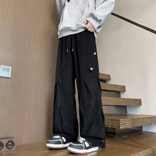 Loose Straight Men’s Cargo Pants Grey Green Wrinkle Effect Corduroy Winter Sporty Joggers Casual High Street Look Outdoor Wear