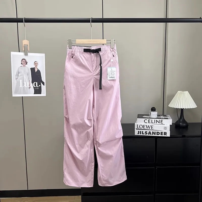 Lightweight Breathable Quick-Dry Paratrooper Pants Women's Casual Loose Fit Sunscreen Waist Cord Trousers Korean Style High W...