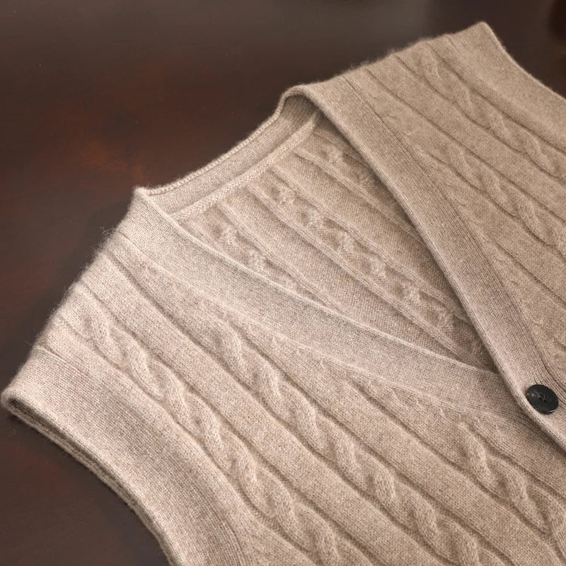 A-Class 100% Pure Cashmere Vest Men's V-Neck Knitted Cardigan Autumn Winter New Twist Flower Business Shoulder Men's Clothing