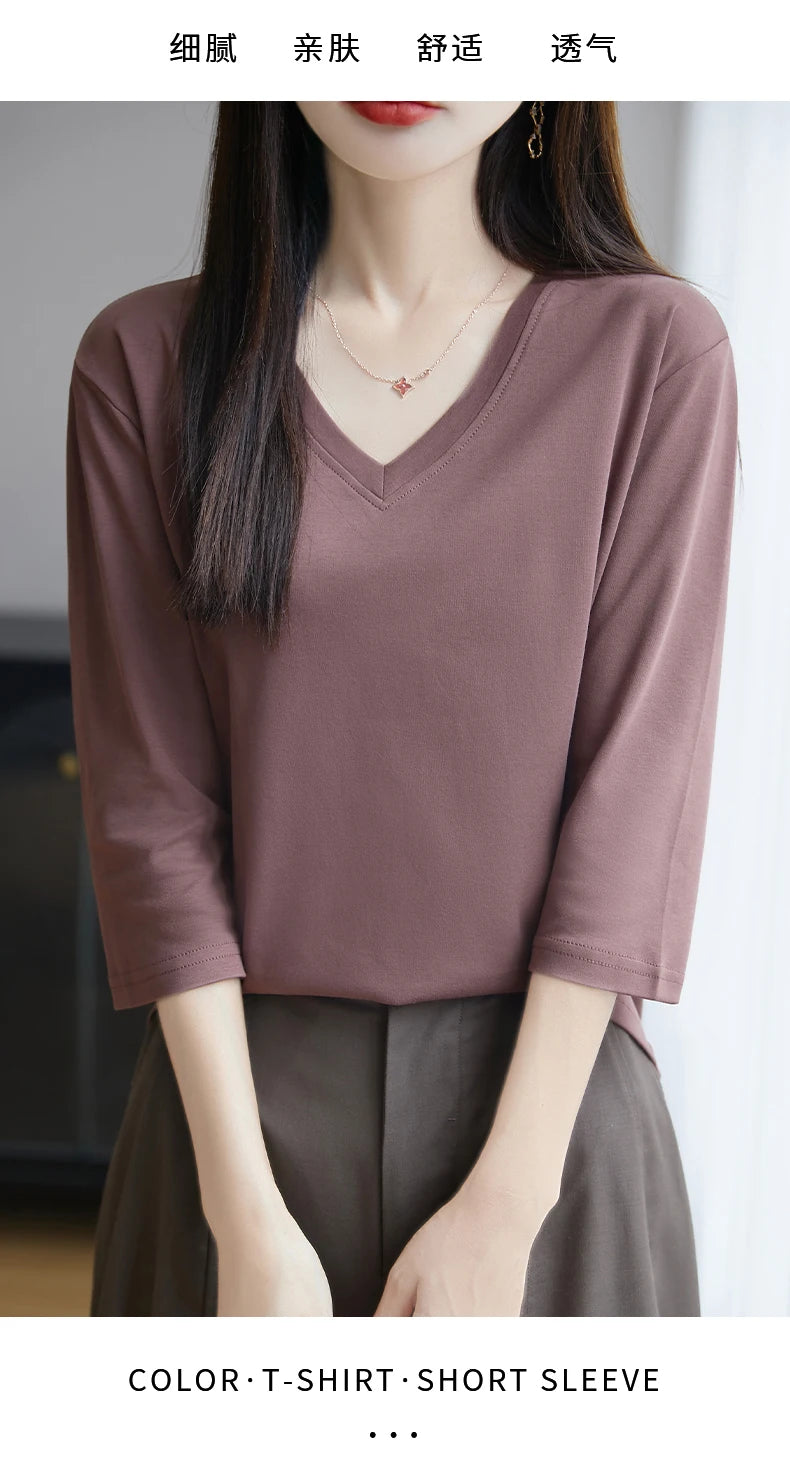 Spring And Summer New White Mercerized Cotton Cropped Sleeve T-shirt Feminine Joker 100% Cotton Bottoming Shirt Half Sleeve