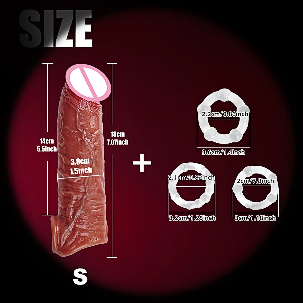 Realistic Super Huge Penis Sleeve Big Growth Penis Delayed Ejection Extend Penis Reusable Enlarger Silicone Condom Male Sex Toy