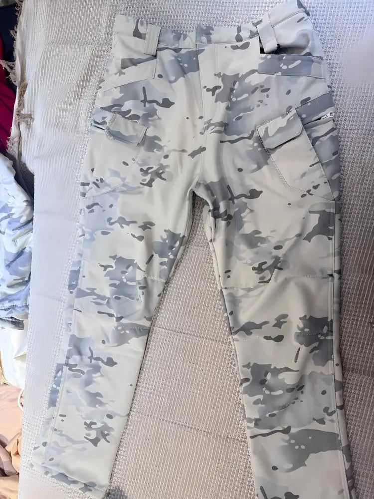 Men's Snow Camo Shark Skin Tactical Pants, Winter Fleece Lined Waterproof Windproof Softshell Trousers for Outdoor Skiing Hiking