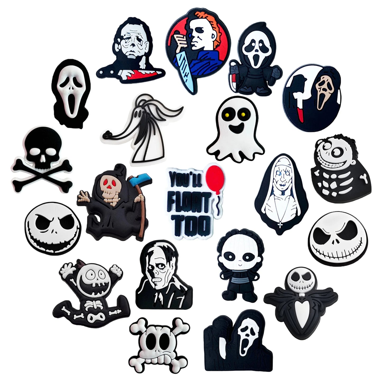 6-100pcs Halloween Black and White Classic PVC Shoes Charm Alligator Charm Accessories Fit Bracelet Boys Girl Xmas party gifts