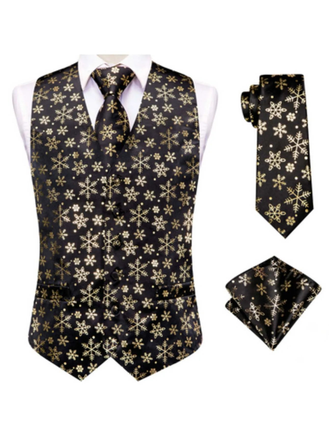 Men's Christmas Print Vest 3-Piece Set: Vest, Tie, Pocket Square, Red Blue Green Yellow for Holiday Parties