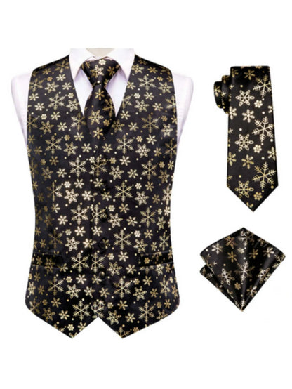 Men's Christmas Print Vest 3-Piece Set: Vest, Tie, Pocket Square, Red Blue Green Yellow for Holiday Parties