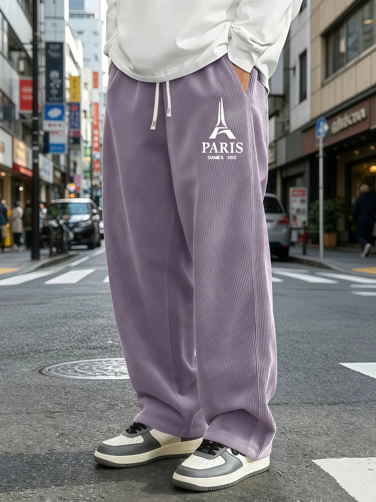 Mens Corduroy Wide Leg Trousers Elastic Drawstring Waist Eiffel Tower Letter Print Loose Straight Casual Street Pants S-4XL