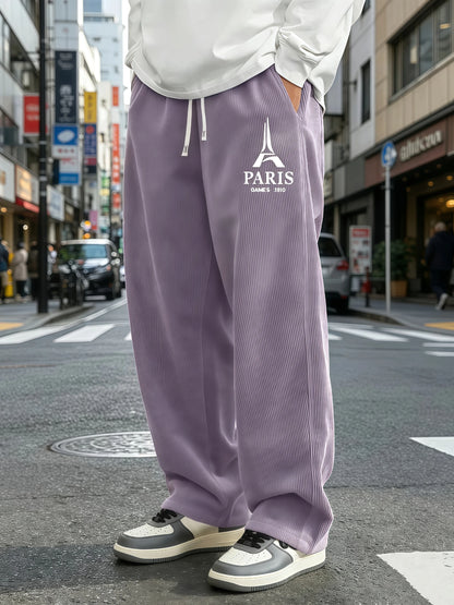 Mens Corduroy Wide Leg Trousers Elastic Drawstring Waist Eiffel Tower Letter Print Loose Straight Casual Street Pants S-4XL
