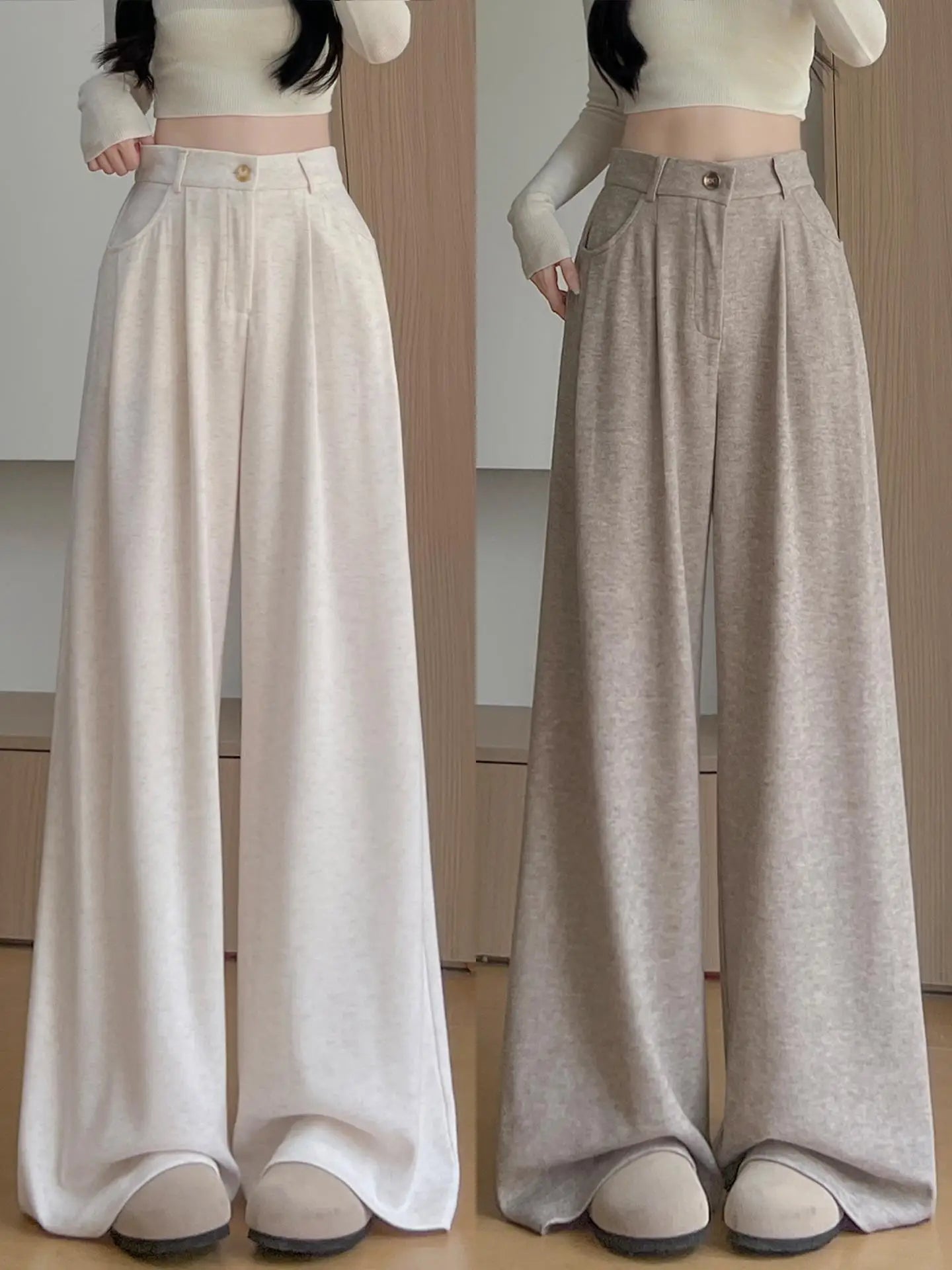 Korean Style High Waist Loose Fit Fleece Lined Wide Leg Pants Women's Autumn Winter New Arrival Straight Cut Trousers
