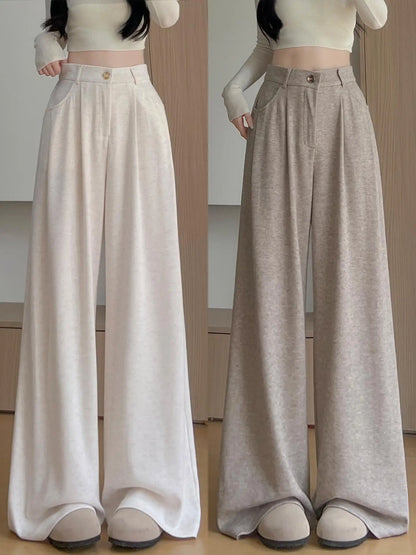 Korean Style High Waist Loose Fit Fleece Lined Wide Leg Pants Women's Autumn Winter New Arrival Straight Cut Trousers