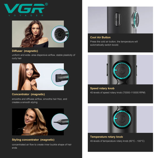 VGR Hair Dryers Professional Air Blower 110000 RPM Hair Dryer Bldc Motor Hair Dryer Machine Hair Salon for Household Use V-401