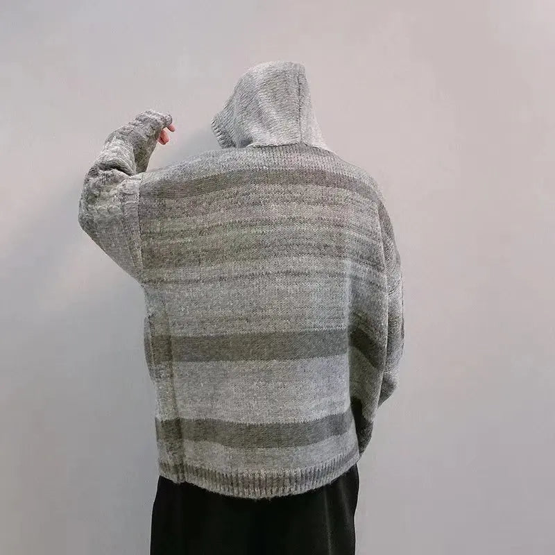 Color matching sweater in autumn and winter Men's China-Chic lazy retro loose striped hooded knitting INS casual versatile coat