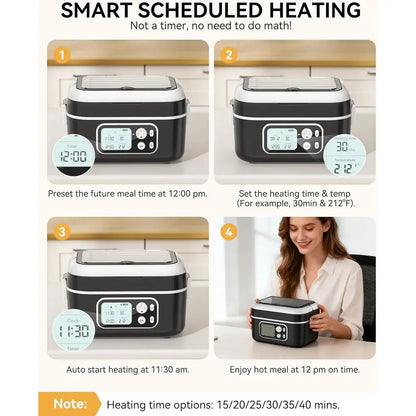 100W 24000mAh Large Capacity Electric Lunch Box with Smart Timer, 6.3-Cup, Portable Food Warmer for Outdoor/Office Use, Black