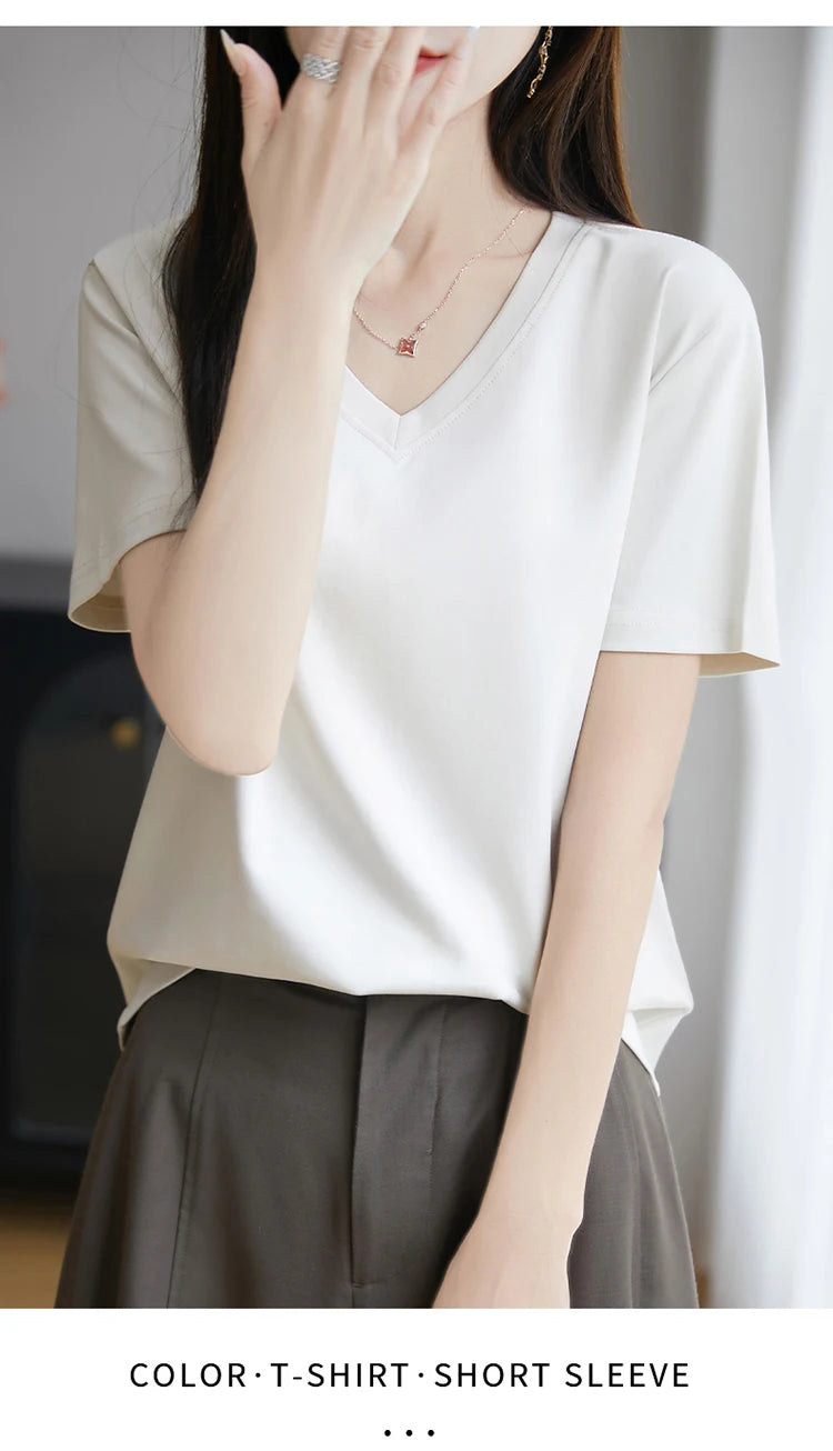 2026 Summer New Pure Cotton V-neck Short-sleeved T-shirt Women's Solid Color Joker Pullover Shirt with Loose Sleeve Bottom Shirt