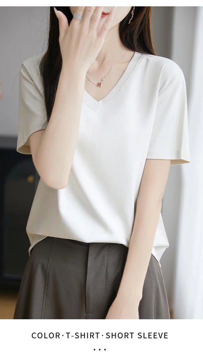 2026 Summer New Pure Cotton V-neck Short-sleeved T-shirt Women's Solid Color Joker Pullover Shirt with Loose Sleeve Bottom Shirt