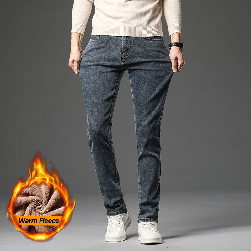Winter Thickened Fleece Jeans Men's High Quality Slim Straight Elastic Casual Denim Pants Warm Plush Velvet Fashion Trousers