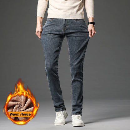 Winter Thickened Fleece Jeans Men's High Quality Slim Straight Elastic Casual Denim Pants Warm Plush Velvet Fashion Trousers