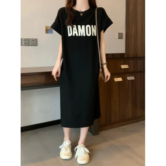 Women's Loose Letter Print T-Shirt Dress Summer Casual Short Sleeve Midi Dress Oversized Streetwear Female Long Dress