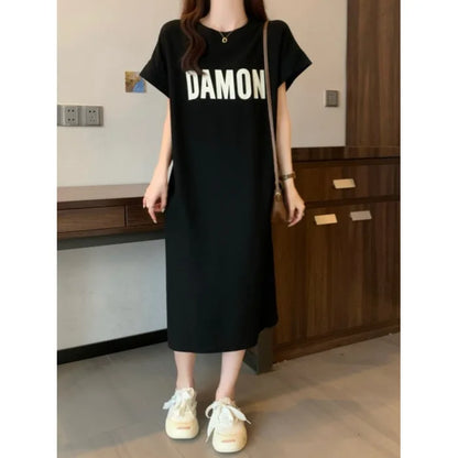 Women's Loose Letter Print T-Shirt Dress Summer Casual Short Sleeve Midi Dress Oversized Streetwear Female Long Dress