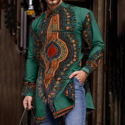 2026 Muslim Tops Men's Ethnic Style Long-sleeved Stand-up Collar Shirts Casual Slim Irregular Hem Blouses Male Morocco Dubai Top