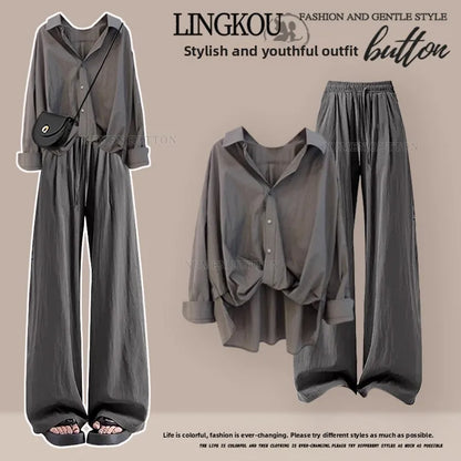 Summer Vintage plus Size Set Women's Fashion Asymmetrical Long Sleeve Thin Shirt Versatile Slimming Casual Pants Two Piece Set