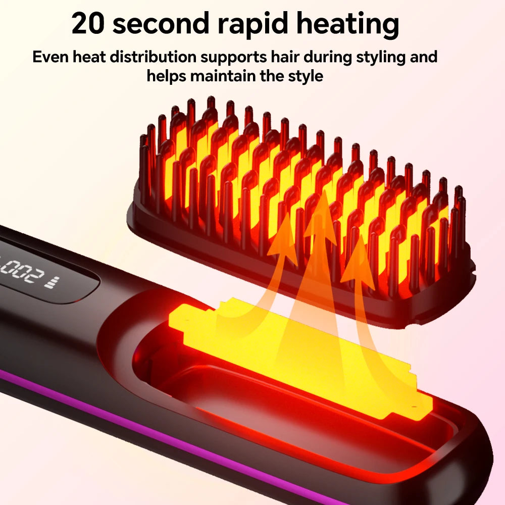Rechargeable Hair Straightener Brush, Ionic Straightening Comb with 20s Fast Heating, 3 Temp Settings & Auto-Off for Home Salon