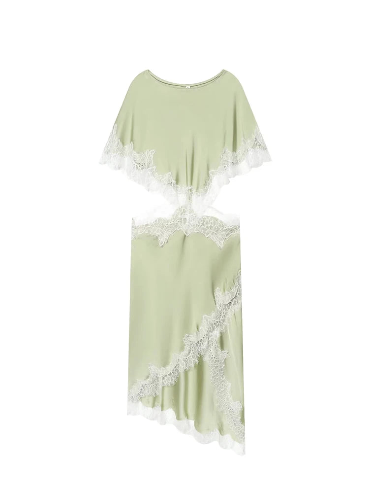 New Women Sexy Cut Out Dresses Solid Lace Spliced Short Cape Sleeve Asymmetric Midi Dresses Summer Ladies Elegant Party Dress