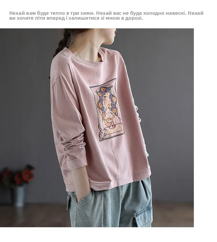 Retro Star Moon Pure Cotton Long Sleeve Pink Anti-Aging T-Shirt Women Loose Fashionable Spring Autumn Ladies Base Shirt Top