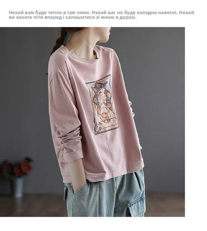 Retro Star Moon Pure Cotton Long Sleeve Pink Anti-Aging T-Shirt Women Loose Fashionable Spring Autumn Ladies Base Shirt Top