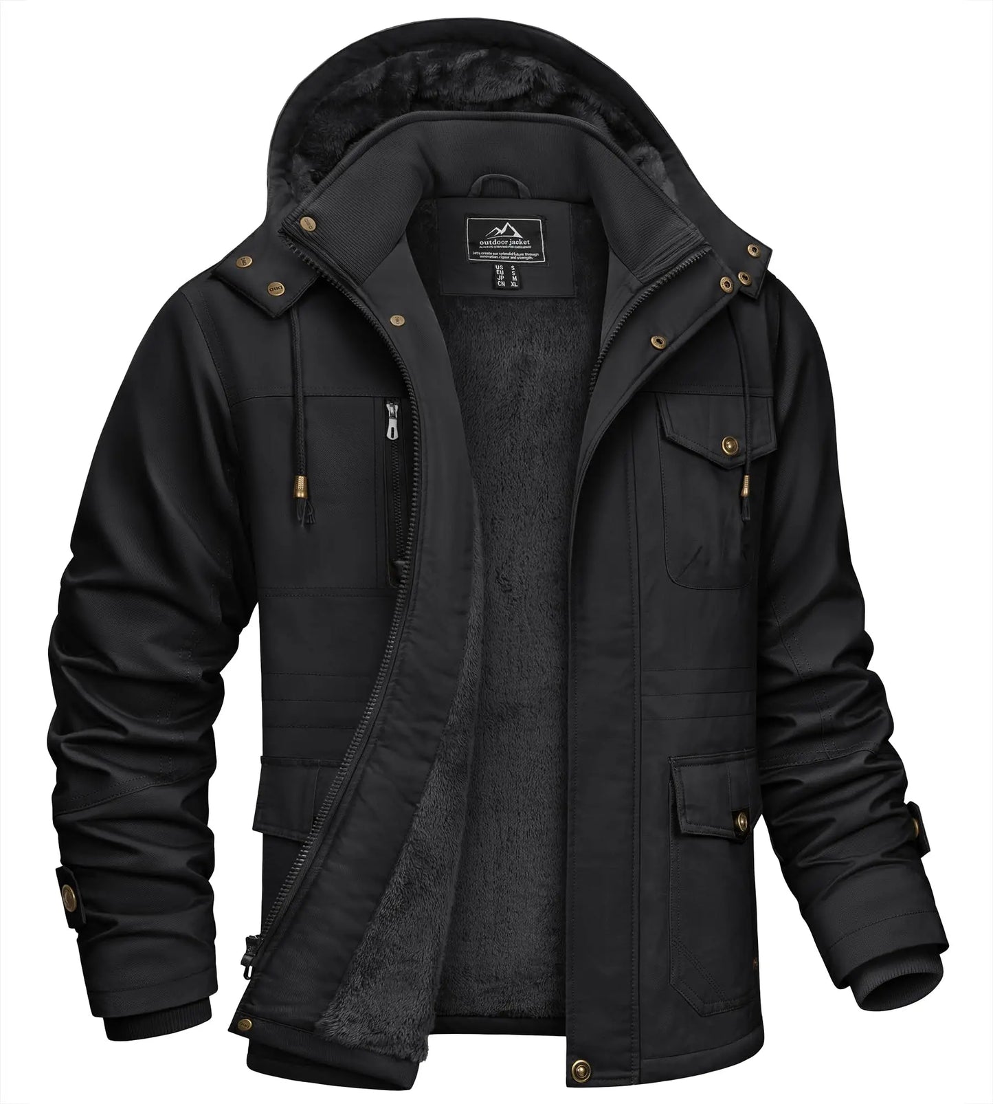 TACVASEN Mens Fleece Lined Winter Warm Jacket Detachable Hood With 6 Multi-Pocket Parka Coat Windproof Outdoor Hiking Daily Coat