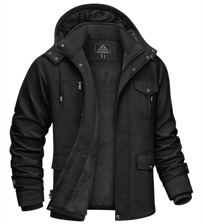TACVASEN Mens Fleece Lined Winter Warm Jacket Detachable Hood With 6 Multi-Pocket Parka Coat Windproof Outdoor Hiking Daily Coat