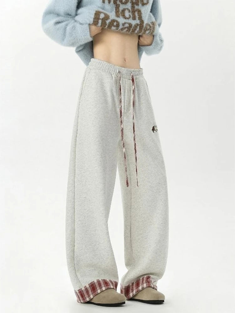 Trendy Plaid Cuffed Joggers for Men Women Thick Warm Fleece Lining Loose Straight Leg Casual Cotton Pants Comfy Daily Wear