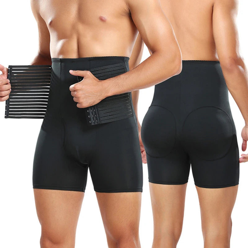 Men Tummy Control Underpants Waist Trainer Slimming Shapewear Padded Butt Lifter Hi-Waist Shorts Compression Body Shaper Boxer
