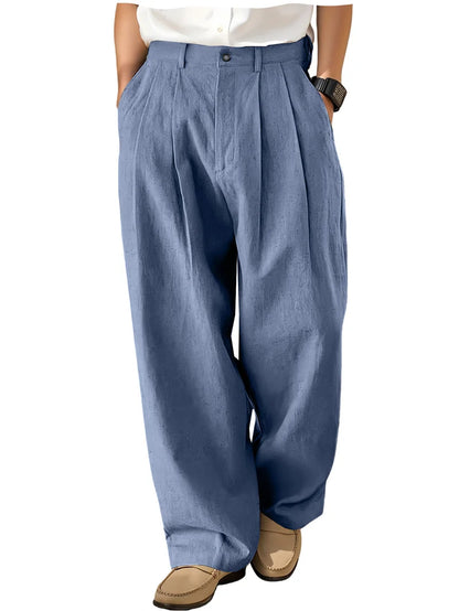 Men's Loose Pleated Wide Leg Pants Breathable Linen Blend Trousers Casual Business Suit Pants Summer Streetwear Daily Wear