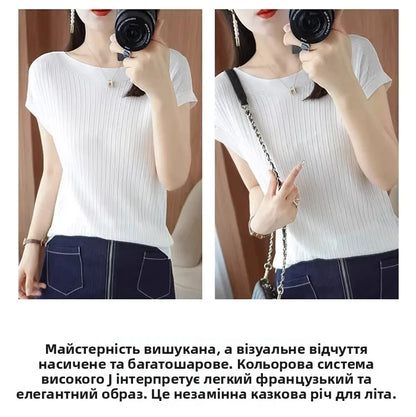 Ice Silk Knitted Top Women Loose Spring Summer New Style Thin Short Sleeve One Shoulder T-Shirt Breathable Comfortable Casual...