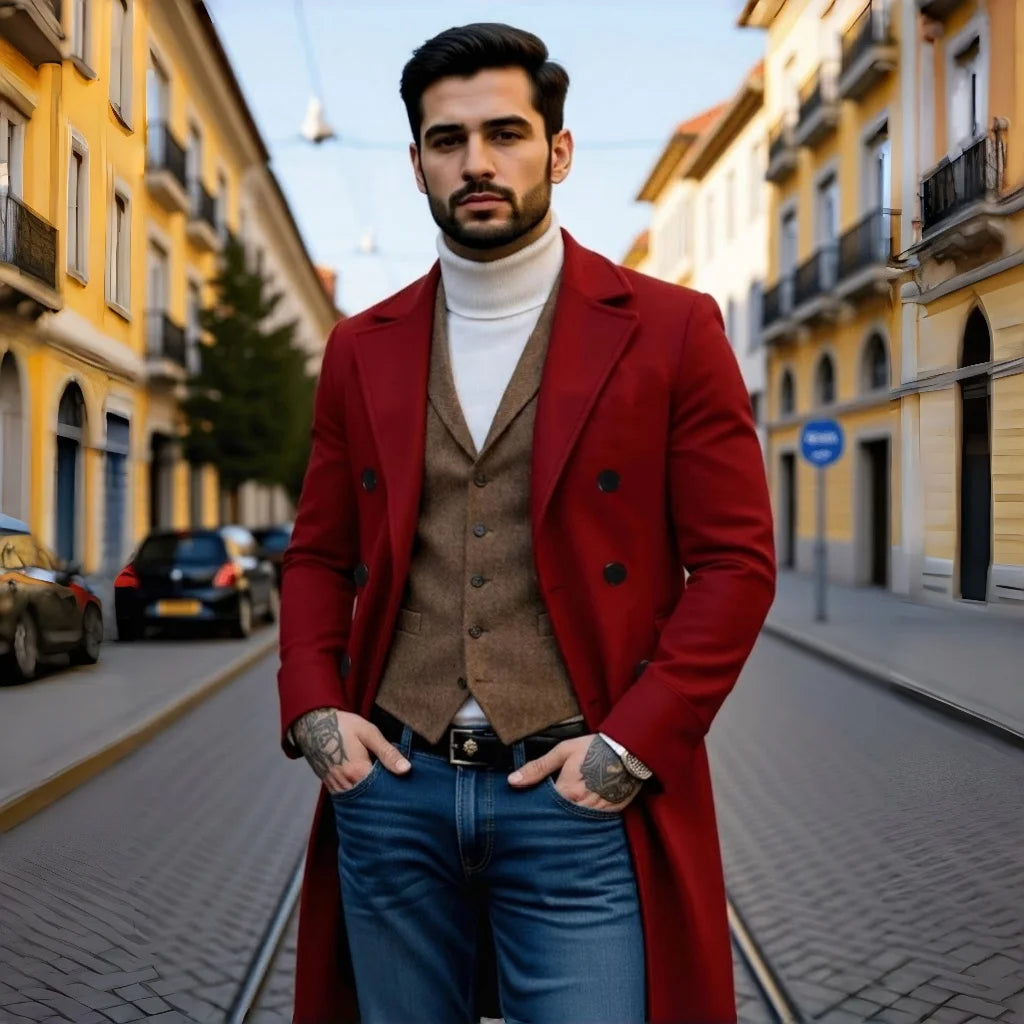 Men's Double-Breasted Trench Style Coat Thickened Warm Lined Jacket Windproof Fashionable Outdoor Wear