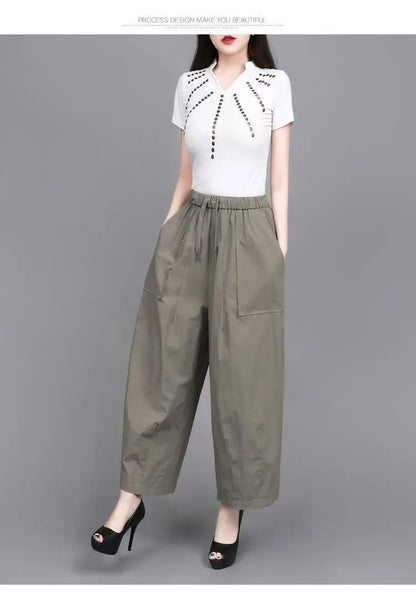 High Waist Wide Leg Pants Women Loose Slimming Nine Points Casual Pants plus Size Versatile Midlife Mom Pants Commute Style