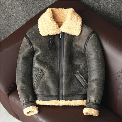 B3 Male Coats Vintage Brown Biker Man Clothing Men's Sheepskin Genuine Leather Jacket Winter Warm Shearling Wool Fur Coat