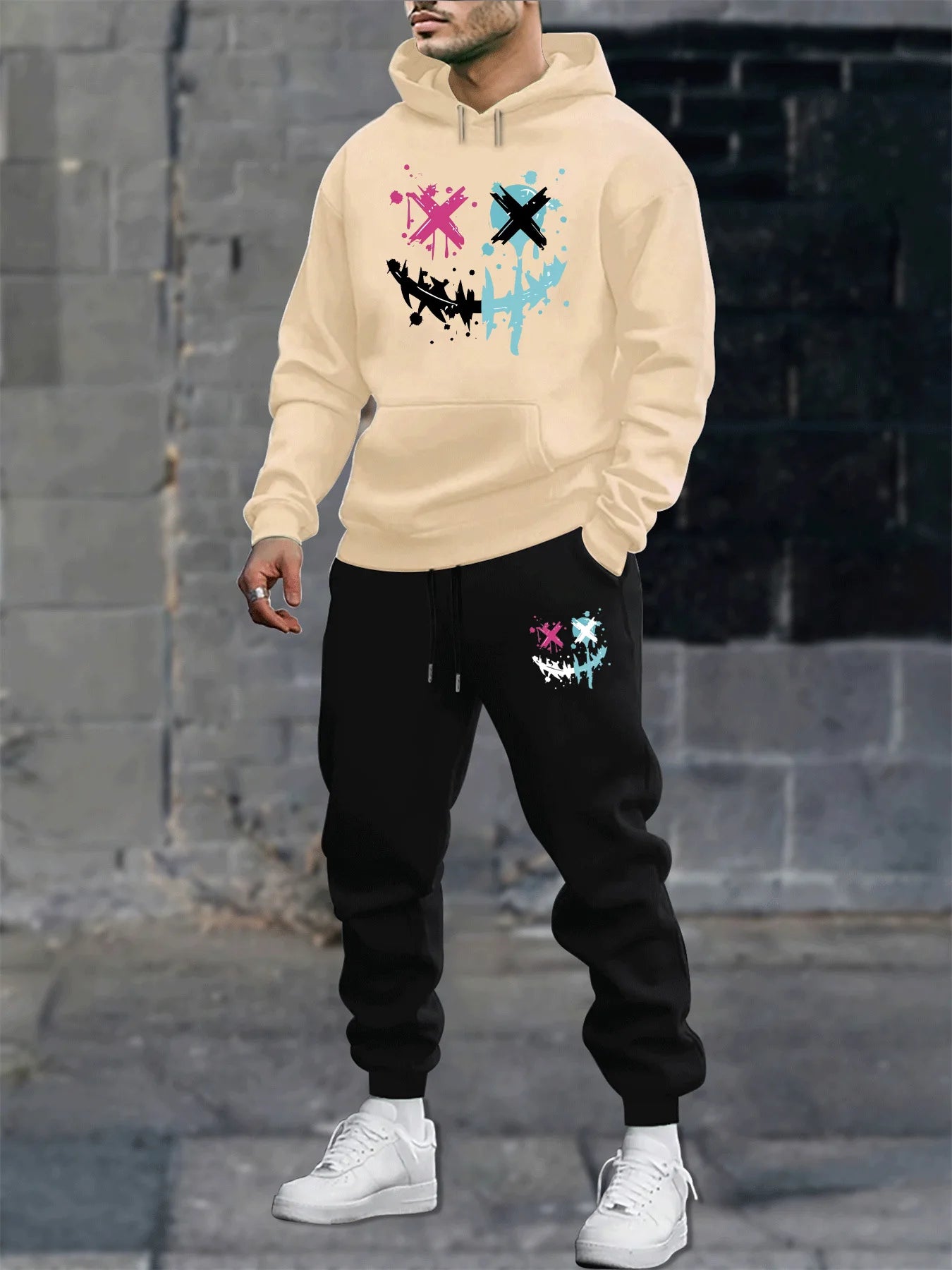 Men's autumn and winter casual fashion warm smiling face pattern printed loose plush thick hooded sweatshirt+sweatpants set