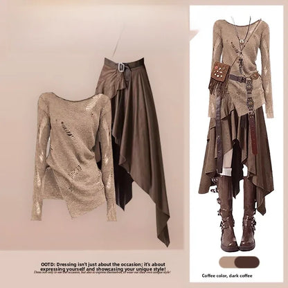 Fall Travel Set Women's Vintage Spicy Hollow Knitted Top with Mellerd Asymmetrical  Skirt Two-Piece Set Casual Style