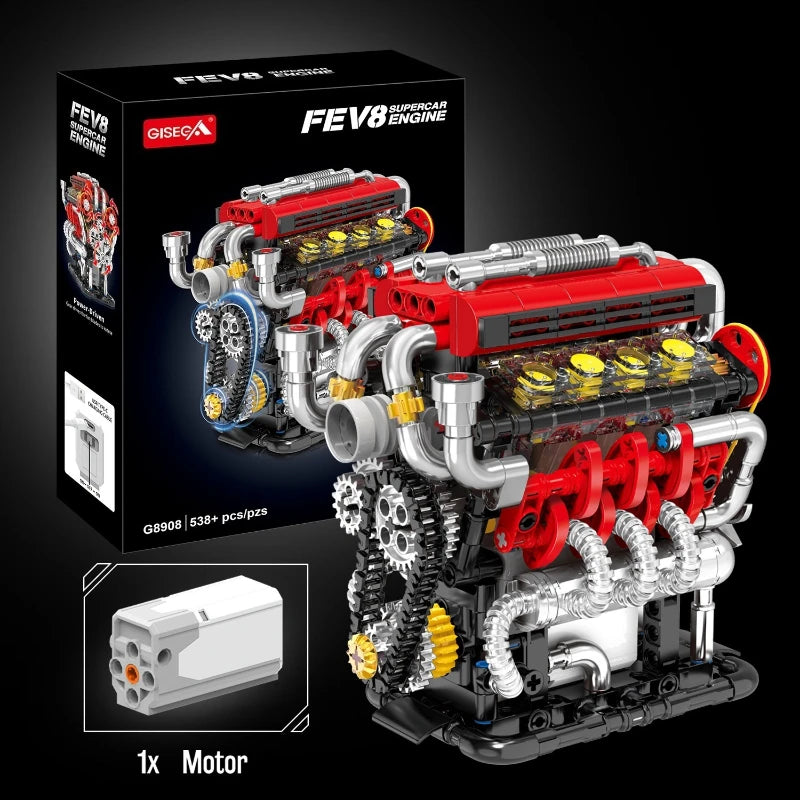 V8 Motorized Engine Building Block Assembly Model, Simulated Mechanical Craft Ornament, Creative Desktop Collectible Present