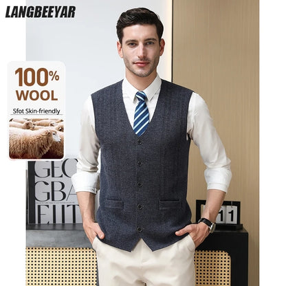 High End 100% Wool New Autum Winter Fashion Brand Knit Cardigan Slim Fit Sweater Vest V-neck Sleeveless Casual Mens Clothing