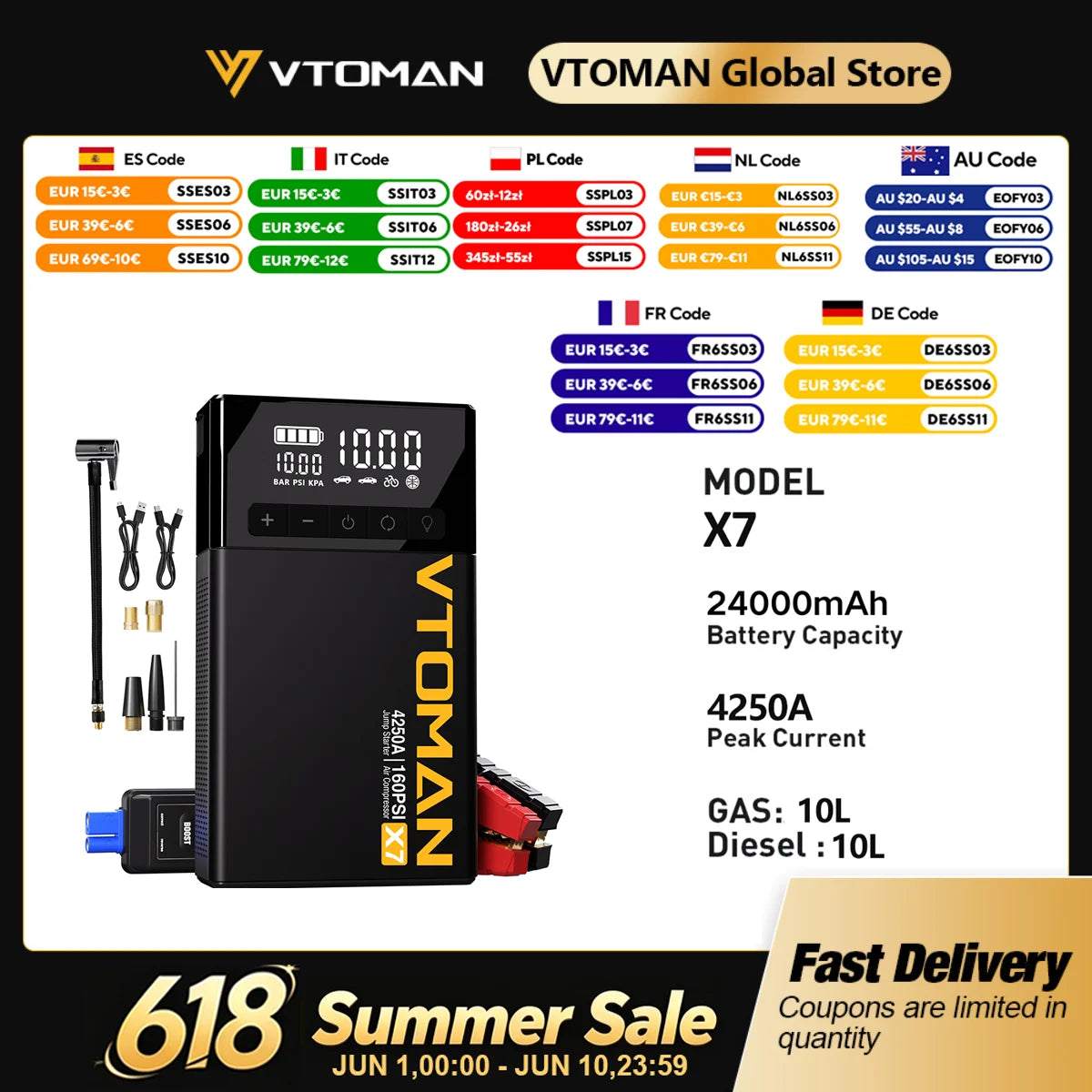 VTOMAN X7 4-in-1 Car Jump Starter 4250A - 160 PSI Air Compressor, 12V Car Battery Booster & Portable Power Bank