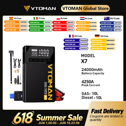 VTOMAN X7 4-in-1 Car Jump Starter 4250A - 160 PSI Air Compressor, 12V Car Battery Booster & Portable Power Bank