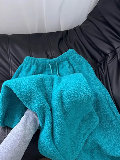 Lake Blue Lamb Fur Fleece Sweatpants Loose Wide Leg Casual Trousers Men's Hiphop Thick Warm Sports Pants High Waist Autumn Wi...