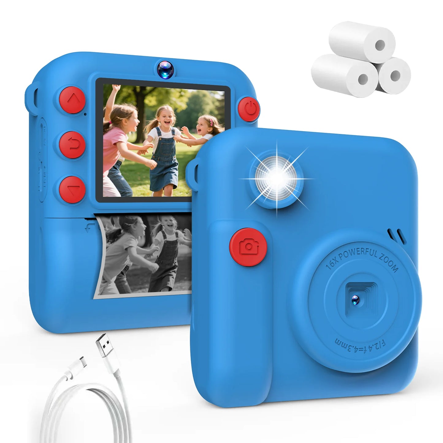 Instant Print Camera 2.8 Inch Large Screen HD Digital Video Camera for Kids Outdoor Zero Ink Portable Print Toy Camera Kid Gift