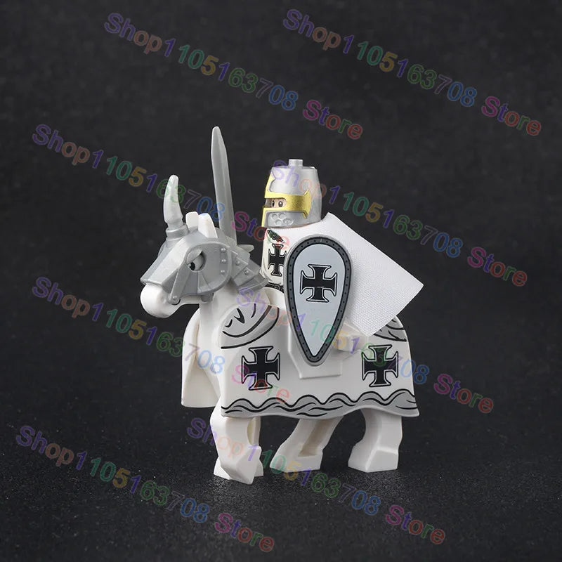 MOC Medieval Military Crusader Knight Building Blocks Castle Army Soldier Figure Horse Mount Shield Sword Accessories Bricks Toy