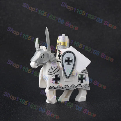MOC Medieval Military Crusader Knight Building Blocks Castle Army Soldier Figure Horse Mount Shield Sword Accessories Bricks Toy